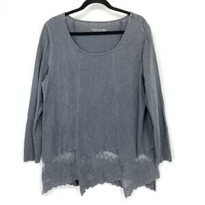 Soft Surroundings Wash Gray Scoop Neck Top Sz PL Long Sleeve Lace Asymmetric Hem